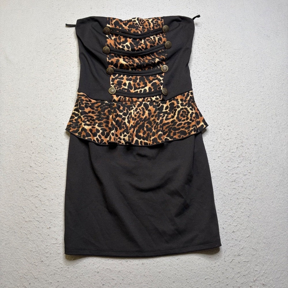 Fashion Magazine Peplum Dress Women L Black Leopard Print 1394 Military Buttons